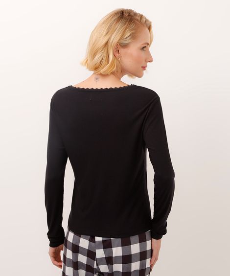 blusa de pijama manga longa com renda preta