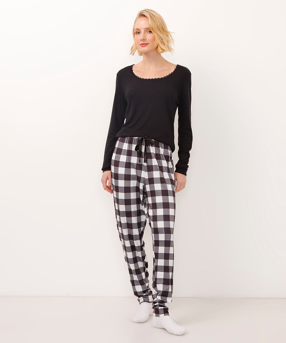 blusa de pijama manga longa com renda preta