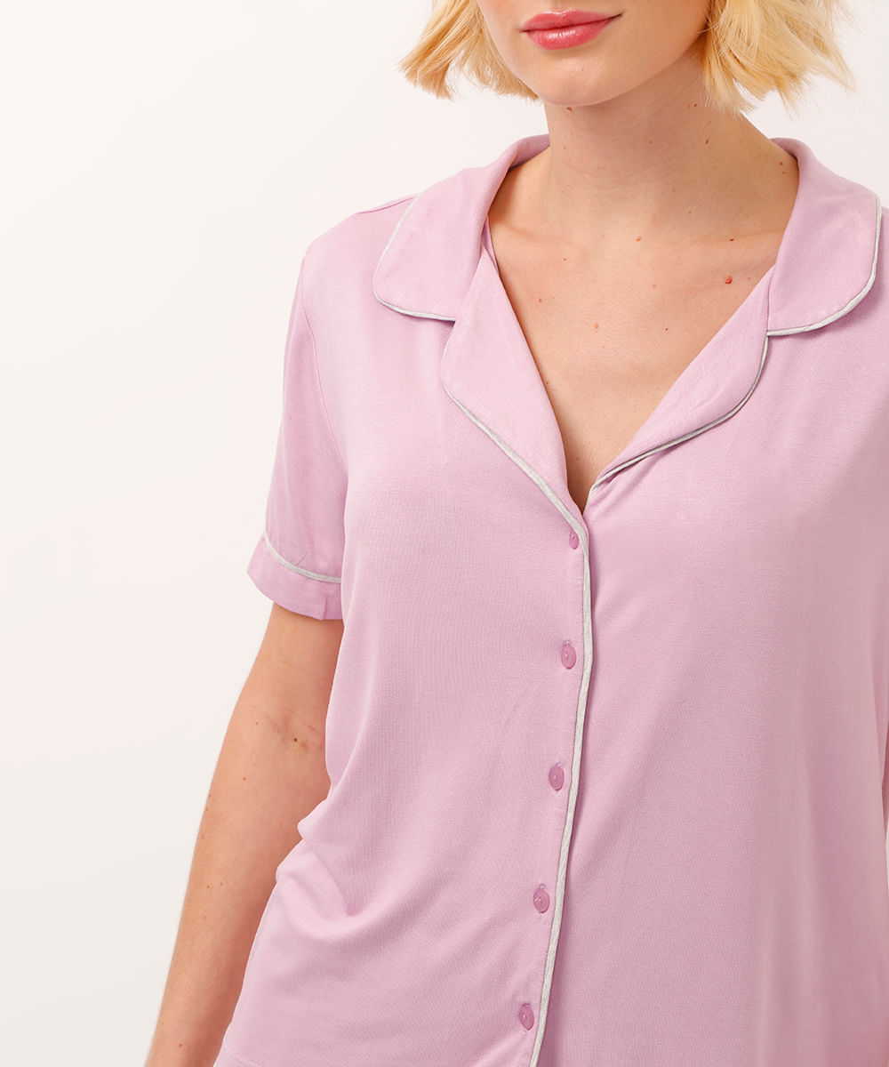 pijama americano de viscose curto com nervuras lilás