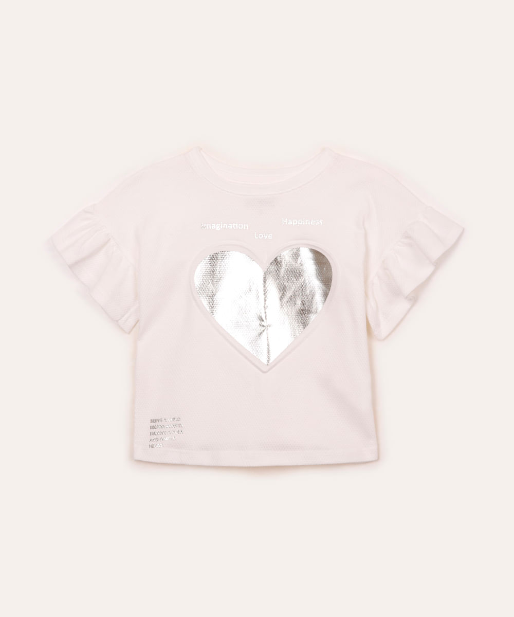 blusa de algodão infantil coração metalizado babado off white