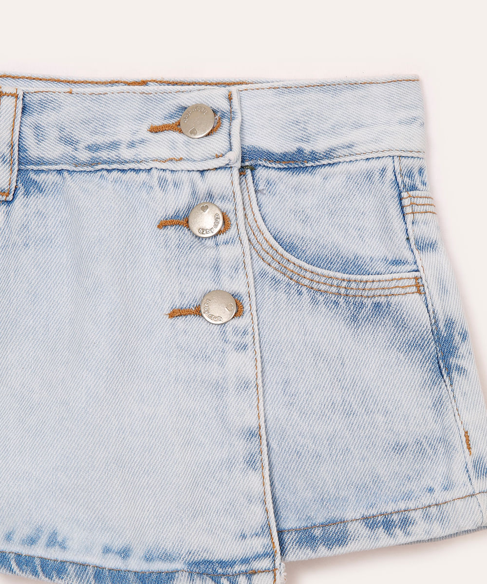 short saia jeans infantil com transpasse azul