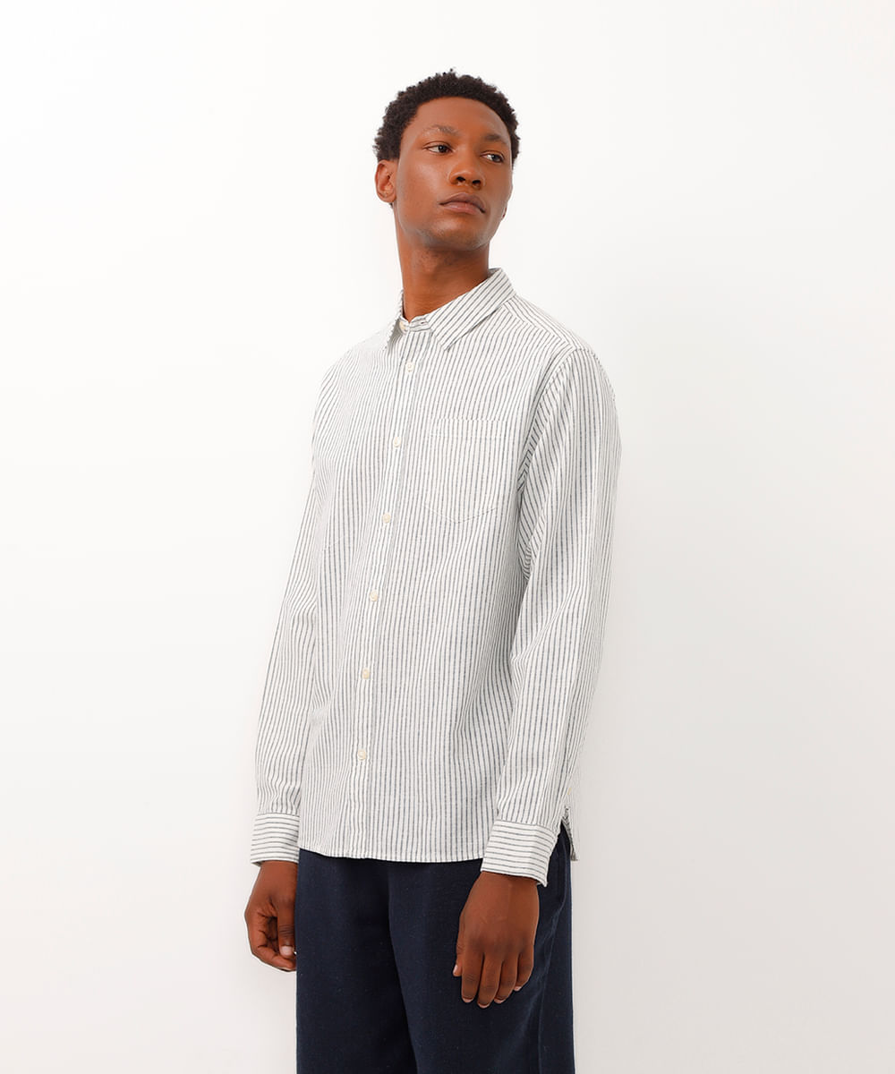 camisa comfort com linho listrada branca
