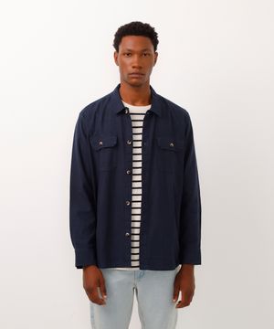 camisa de linho manga longa bolsos de lapela azul marinho