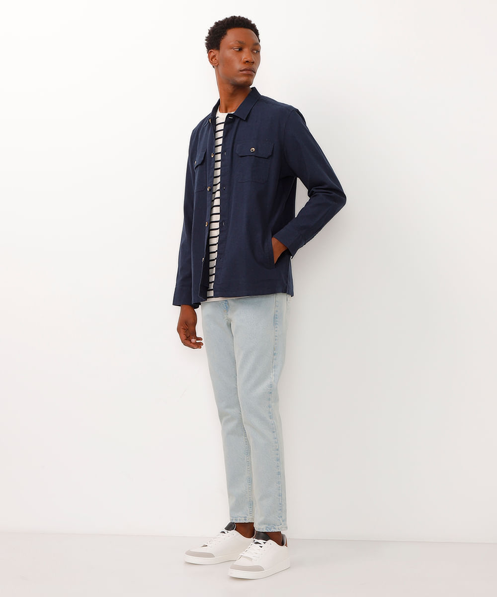 camisa de linho manga longa bolsos de lapela azul marinho