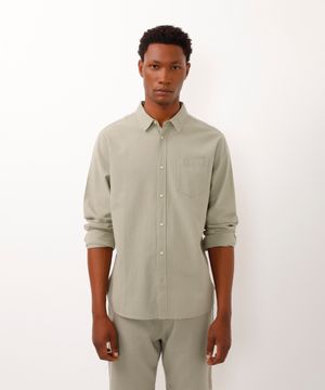 camisa comfort com linho manga longa verde