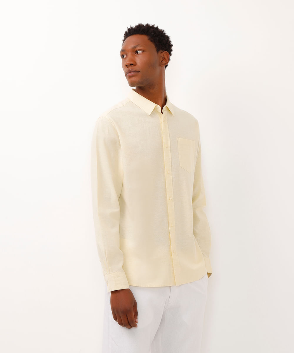 camisa comfort com linho manga longa amarelo