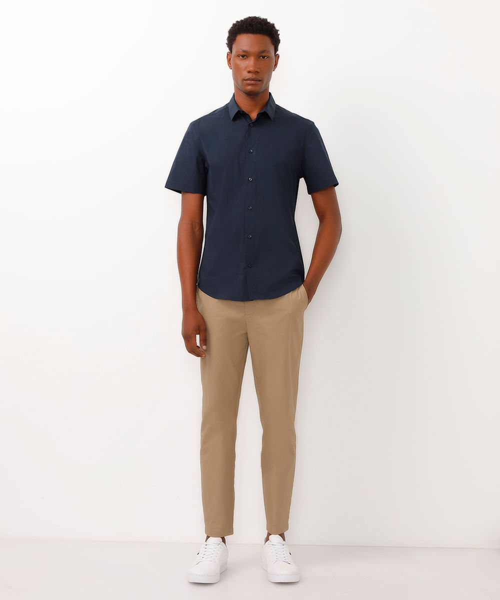 camisa slim fit manga curta azul marinho