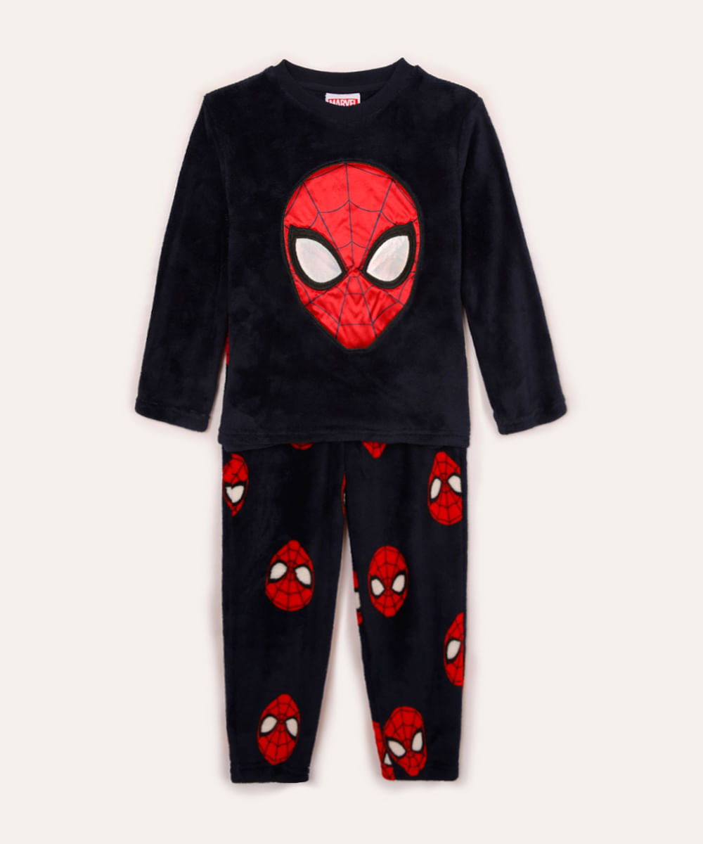 pijama de pelúcia longo infantil homem aranha azul marinho