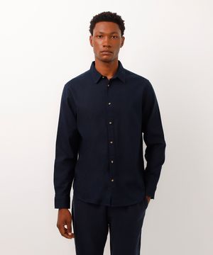 camisa comfort com linho manga longa azul marinho