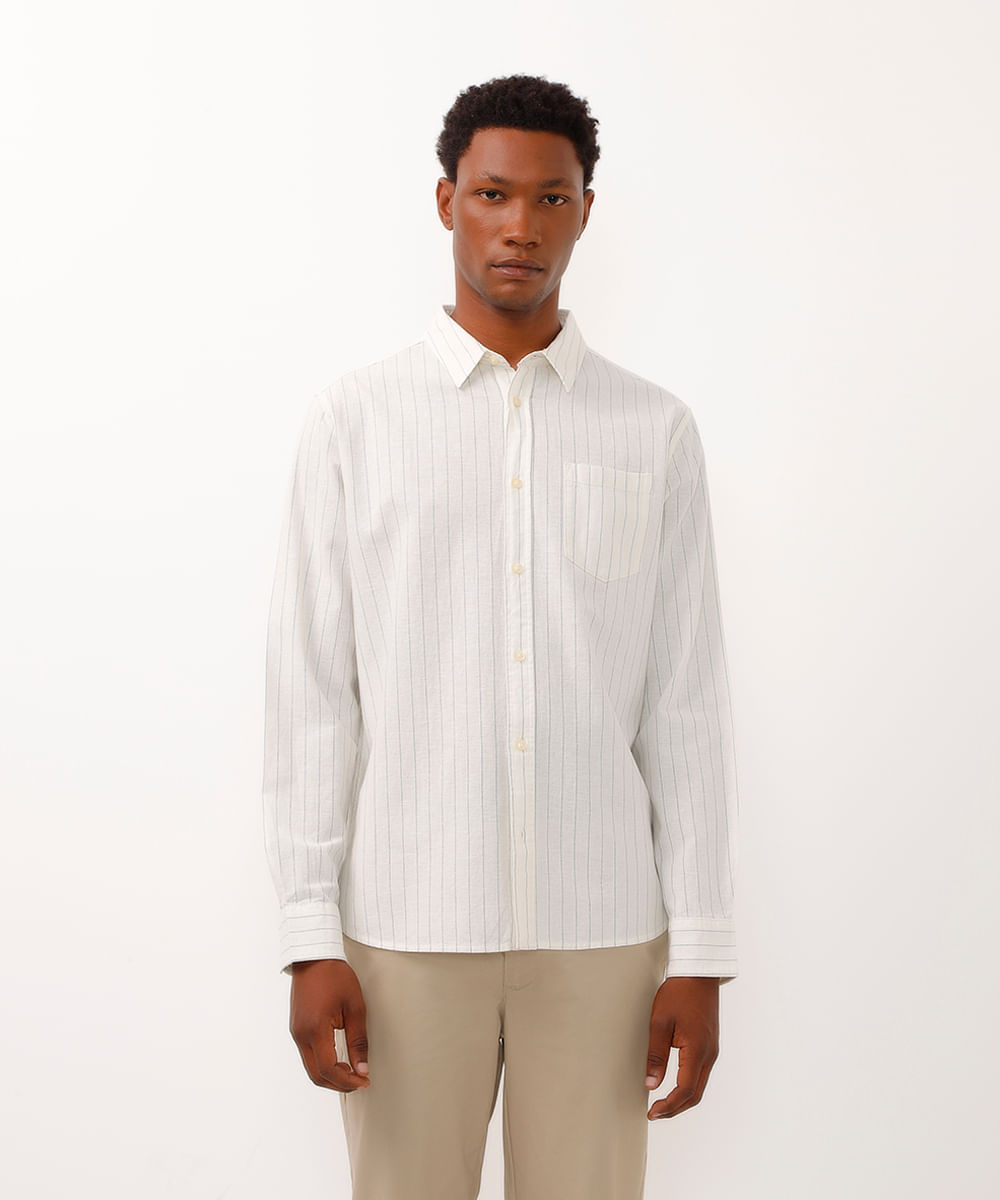 camisa comfort com linho listrada azul