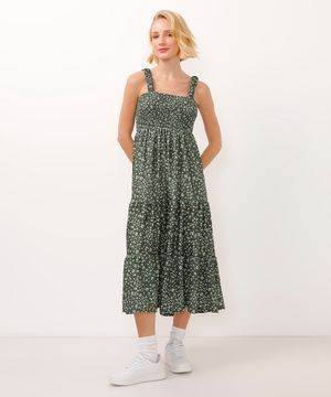 vestido midi decote quadrado texturizado floral verde