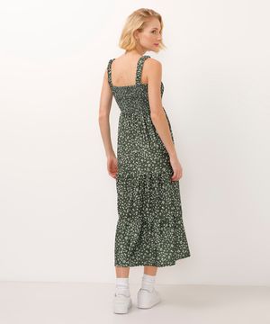 vestido midi decote quadrado texturizado floral verde