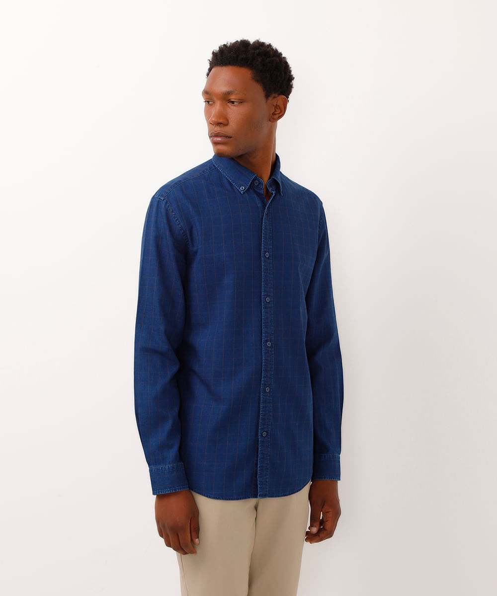 camisa de algodão comfort manga longa azul marinho