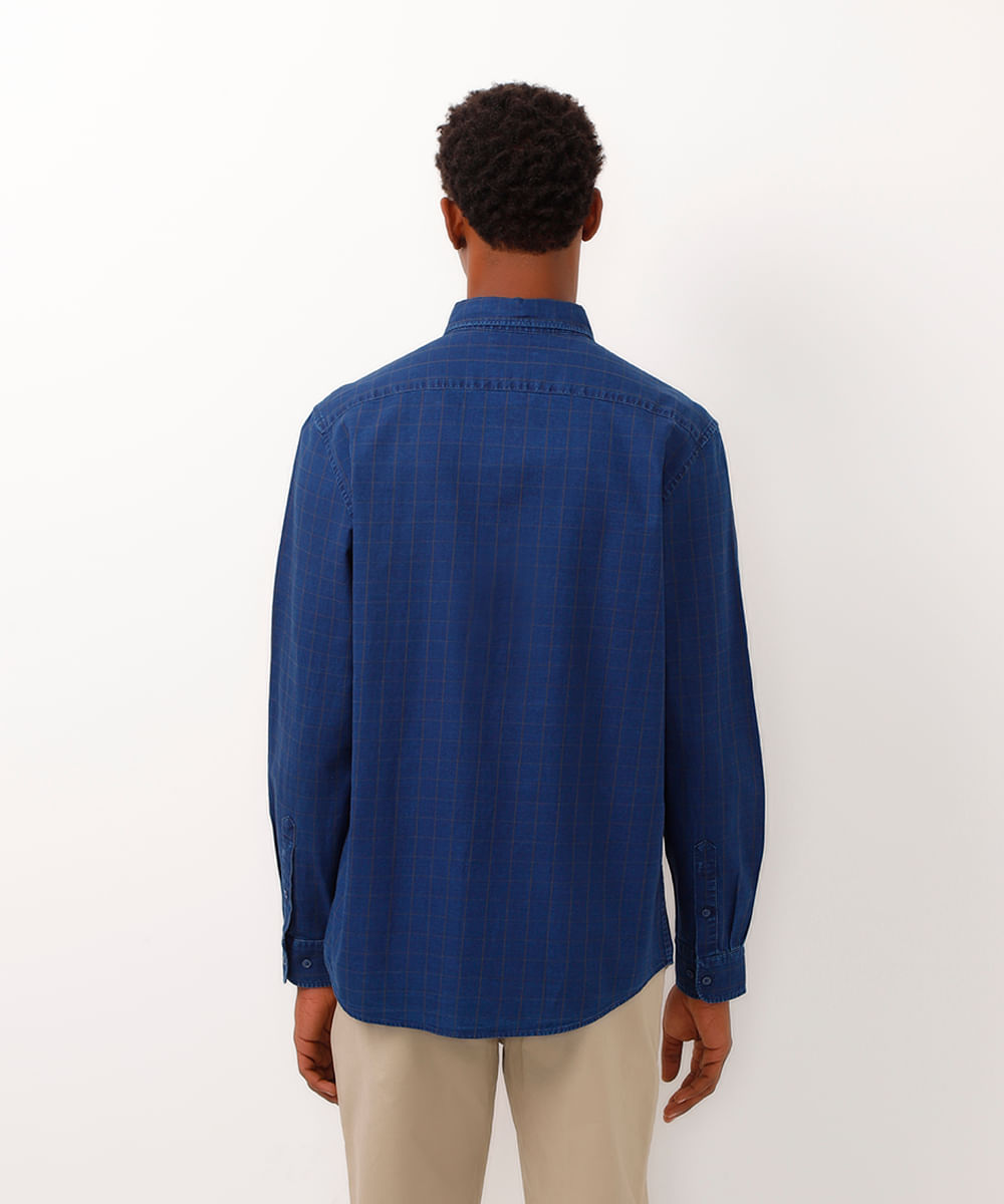 camisa de algodão comfort manga longa azul marinho