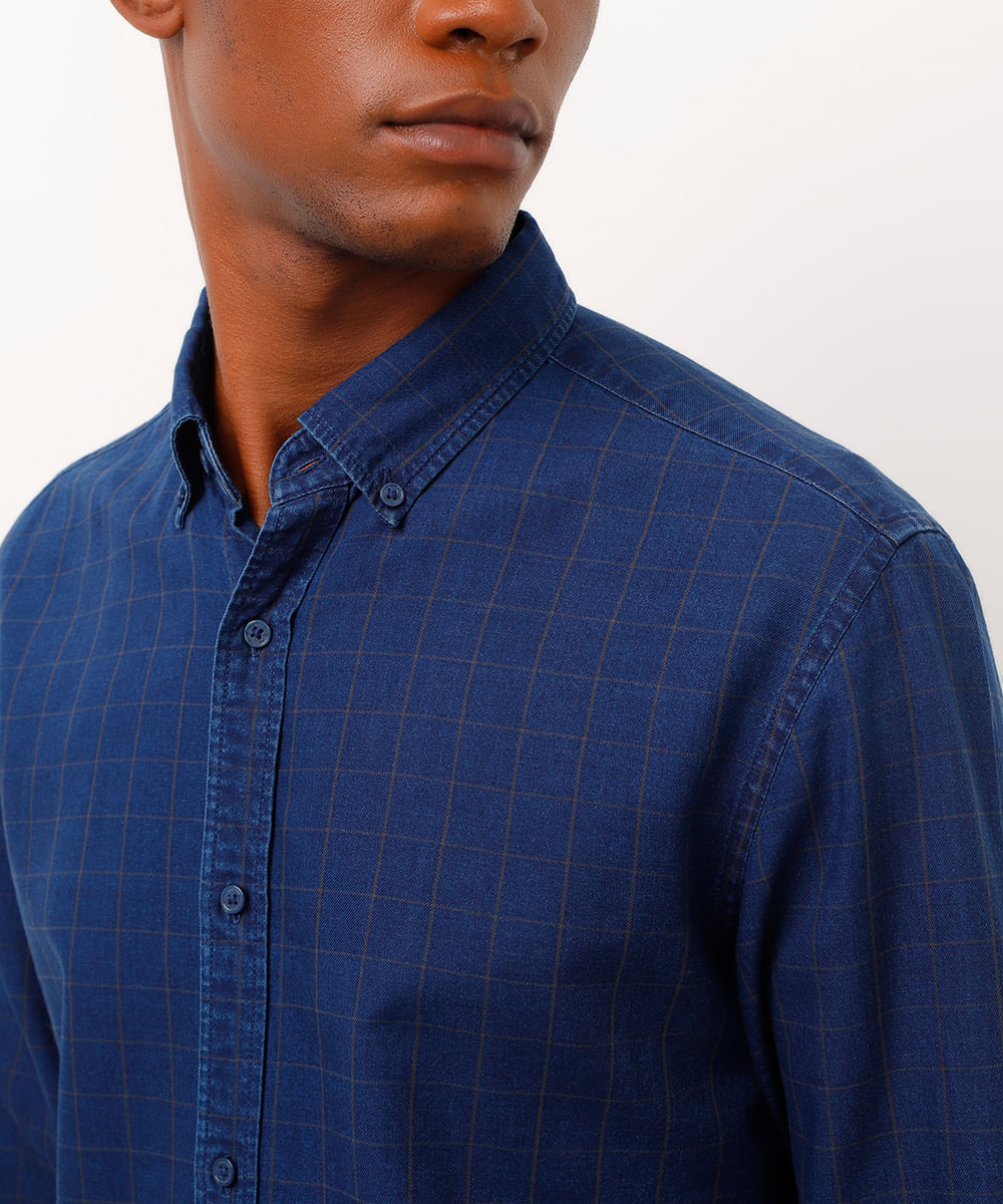 camisa de algodão comfort manga longa azul marinho