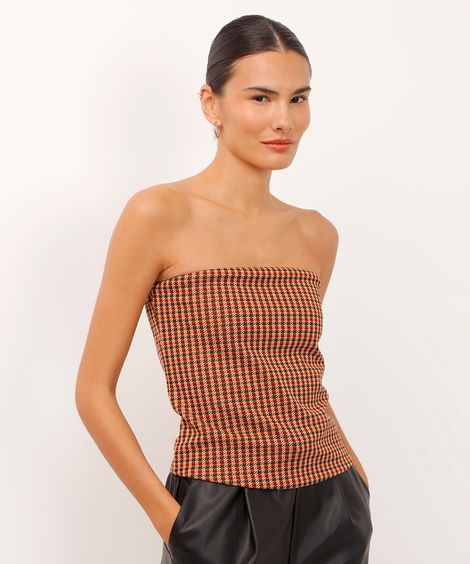 top cropped sem alça jacquard xadrez bege