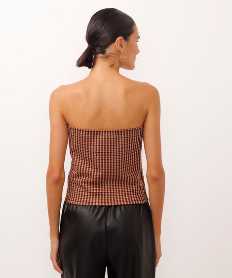 top cropped sem alça jacquard xadrez bege