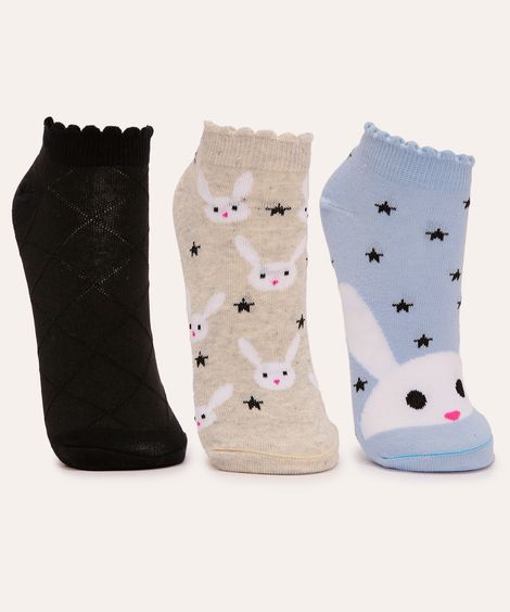 kit de 3 pares de meias cano baixo estrelas e coelho colorido