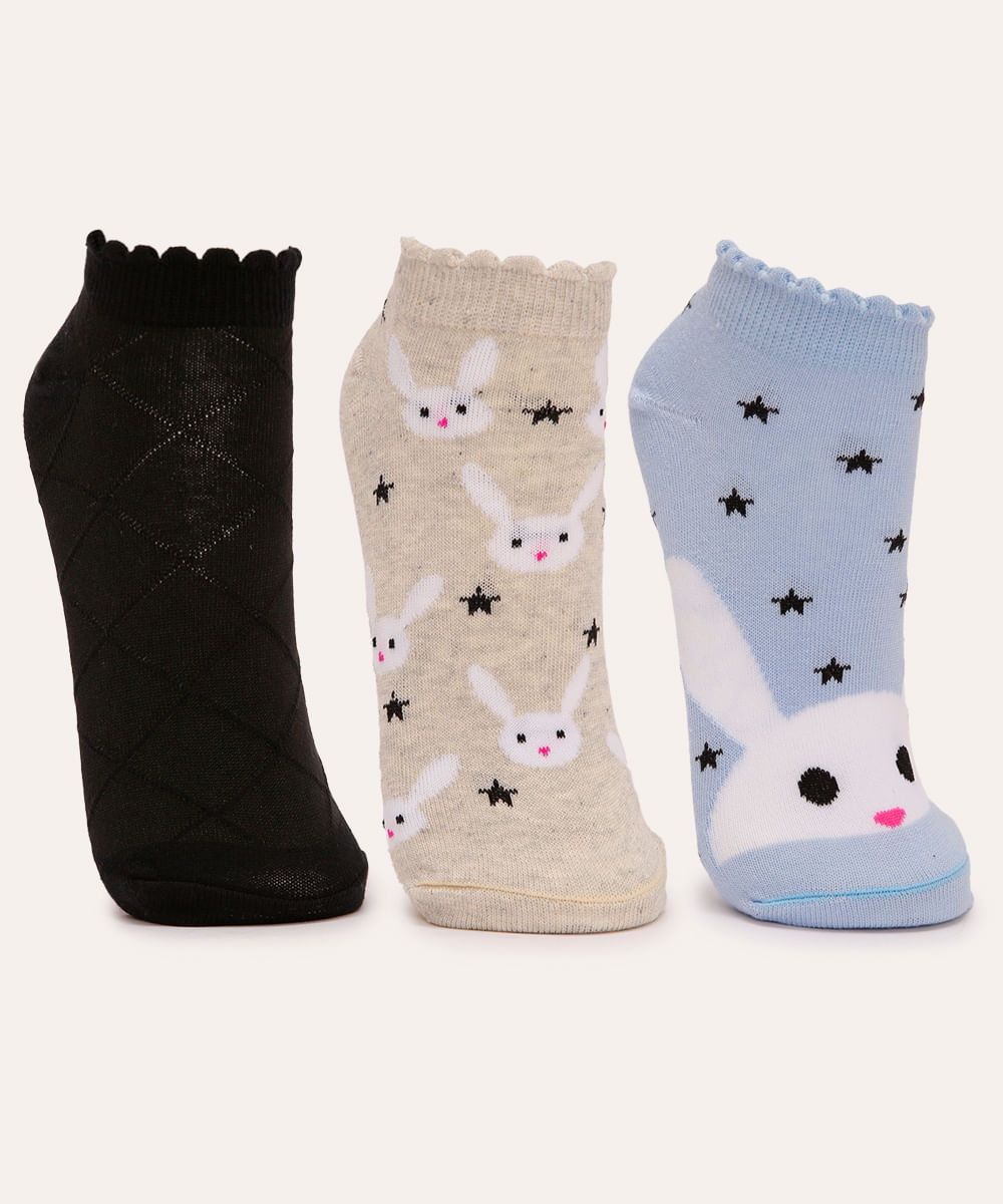 kit de 3 pares de meias cano baixo estrelas e coelho colorido