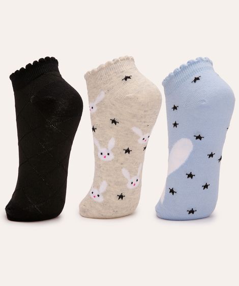 kit de 3 pares de meias cano baixo estrelas e coelho colorido