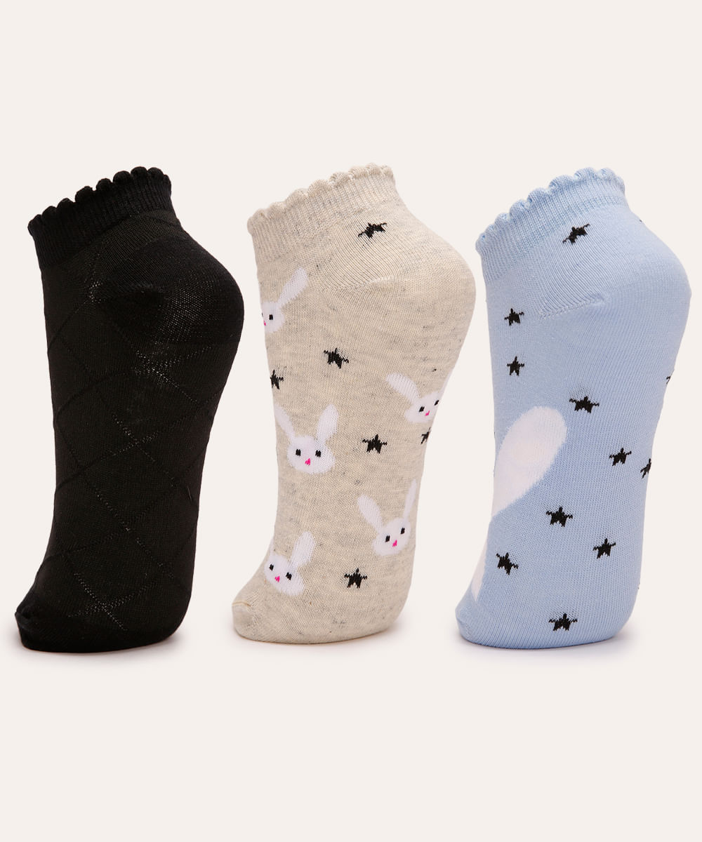 kit de 3 pares de meias cano baixo estrelas e coelho colorido