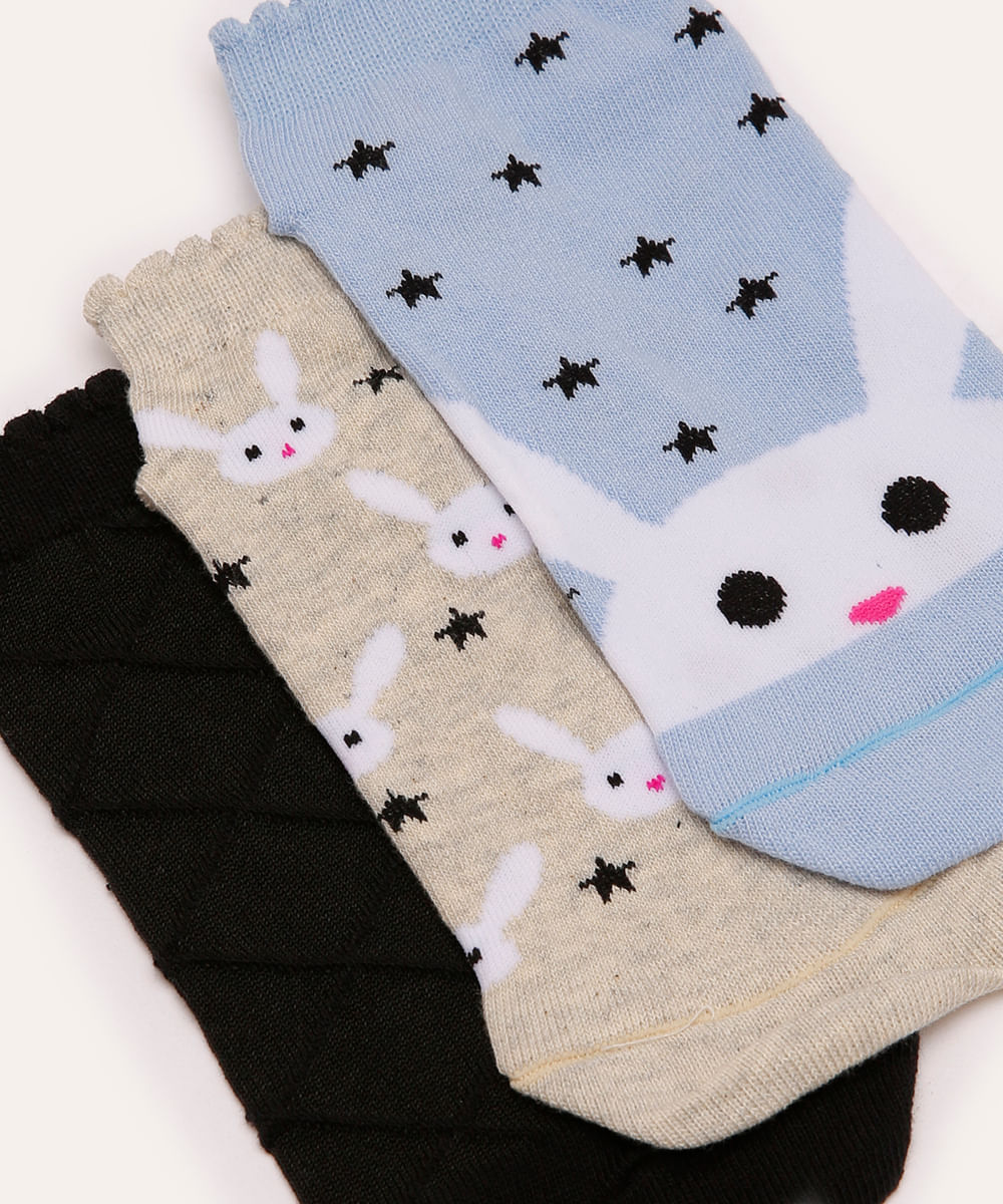 kit de 3 pares de meias cano baixo estrelas e coelho colorido