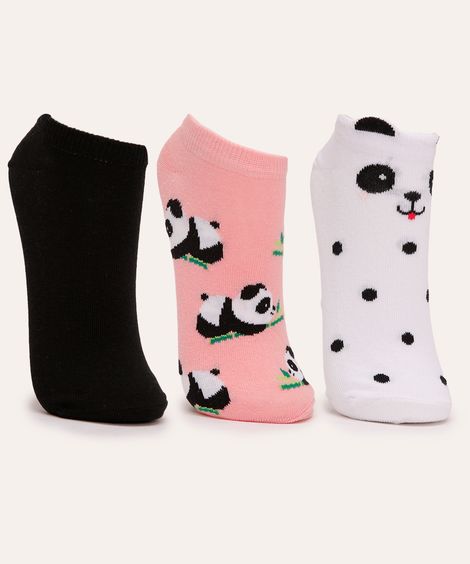 kit de 3 pares de meias cano baixo panda colorido