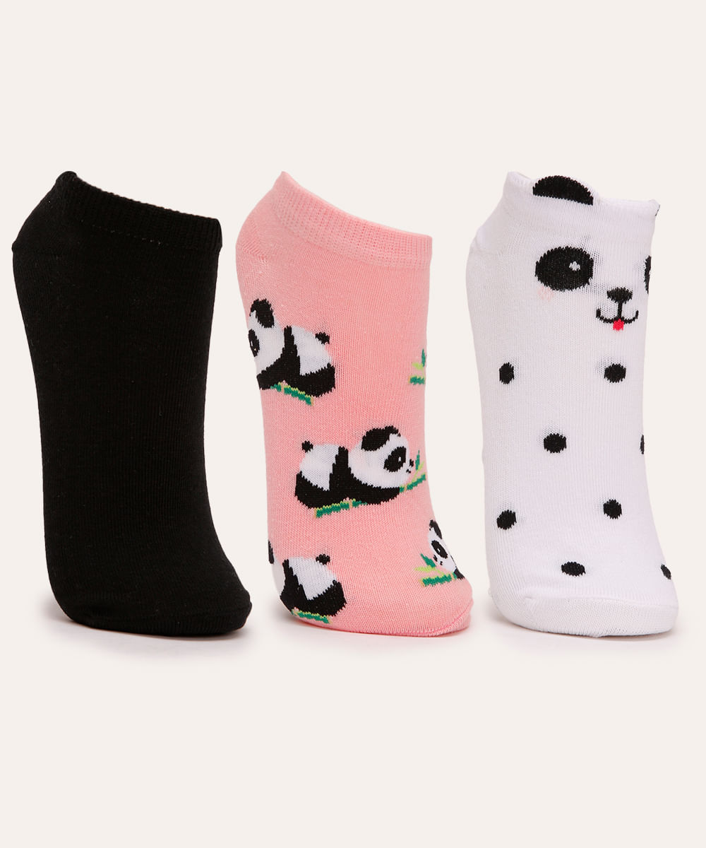 kit de 3 pares de meias cano baixo panda colorido