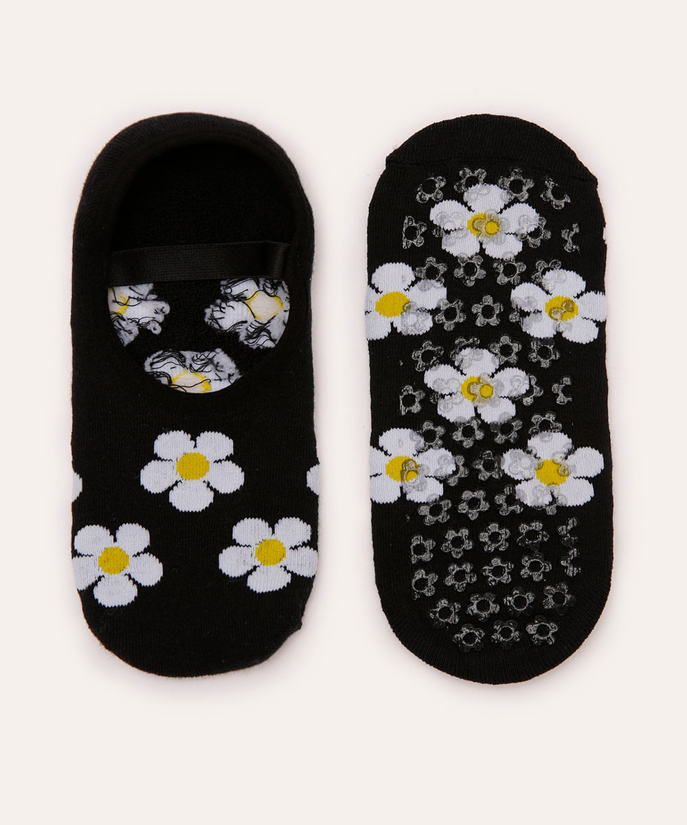 meia sapatilha floral antiderrapante preta