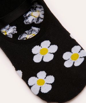 meia sapatilha floral antiderrapante preta