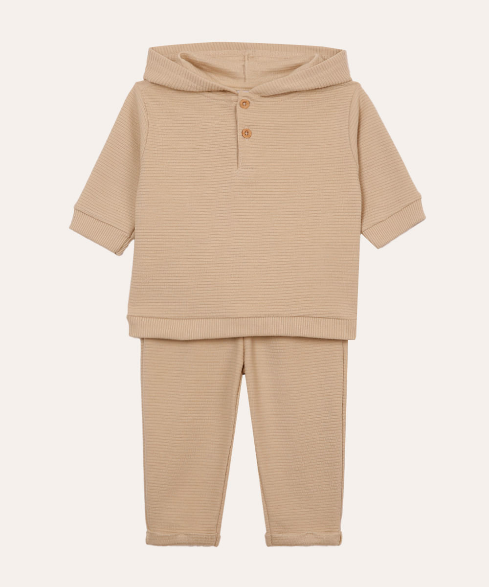 conjunto de moletom canelado com capuz bege