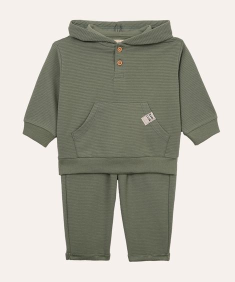 conjunto de moletom infantil canelado com capuz - verde escuro
