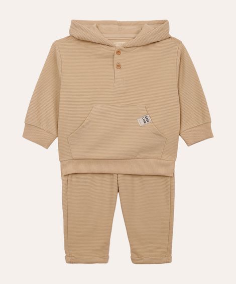 conjunto de moletom infantil canelado com capuz - areia