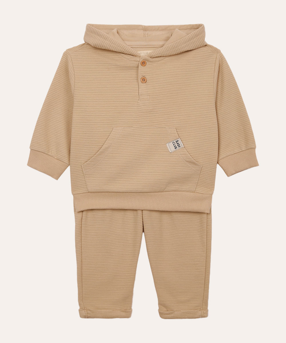 conjunto de moletom infantil canelado com capuz - areia