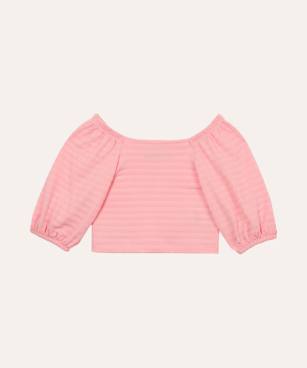 blusa infantil texturizada manga bufante rosa