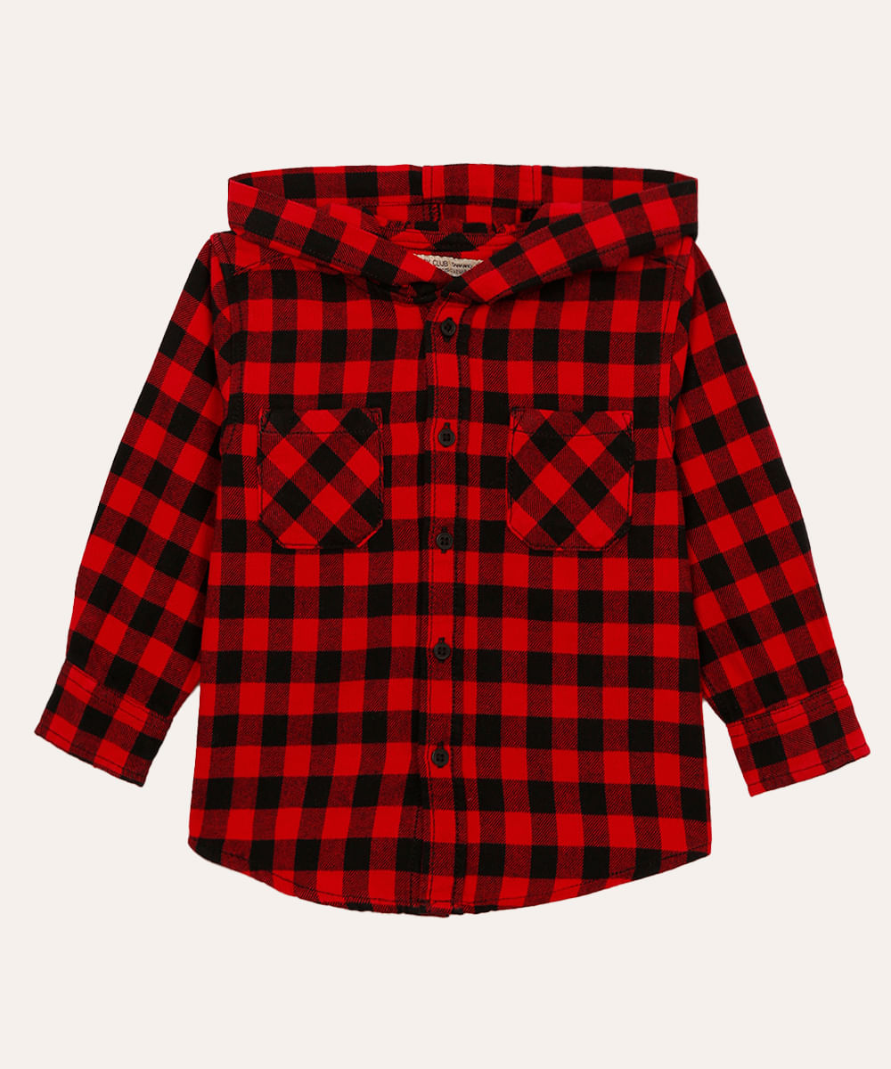 camisa flanelada com capuz infantil xadrez vermelha