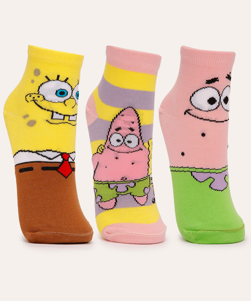 kit de 3 meias cano médio bob esponja colorido