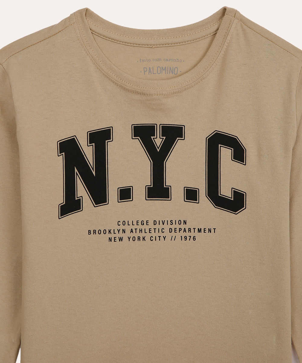 camiseta infantil manga longa nyc bege