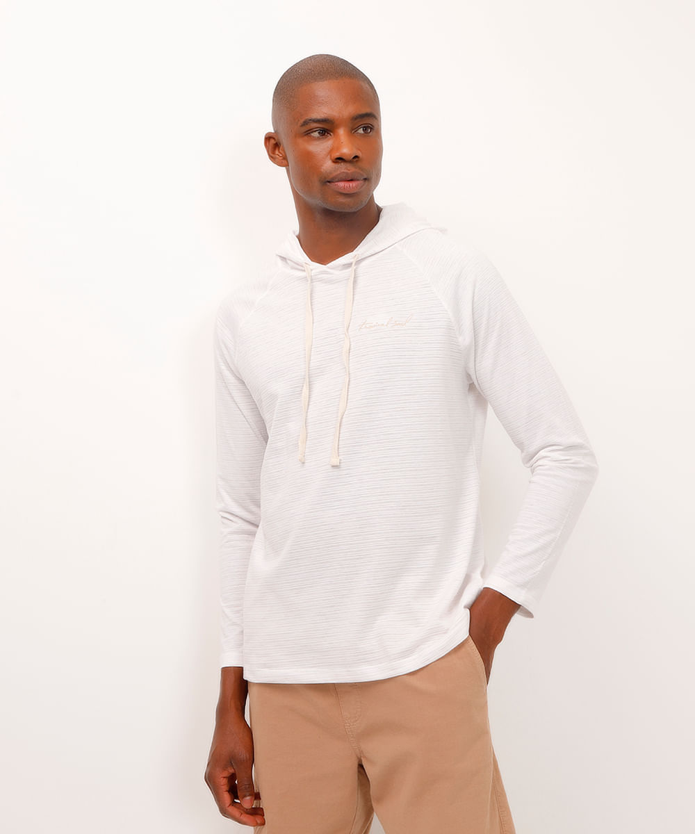 camiseta de algodão com capuz manga longa off white