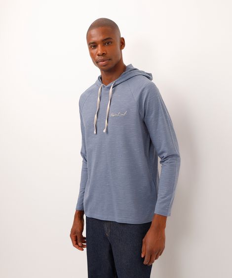 camiseta de algodão com capuz manga longa azul