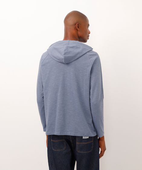 camiseta de algodão com capuz manga longa azul