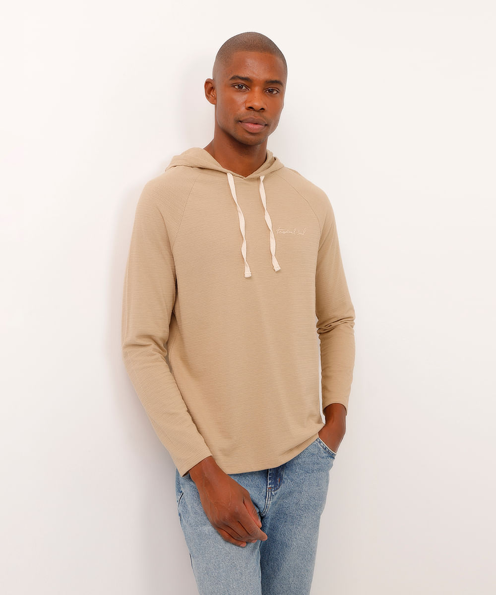 camiseta de algodão com capuz manga longa bege