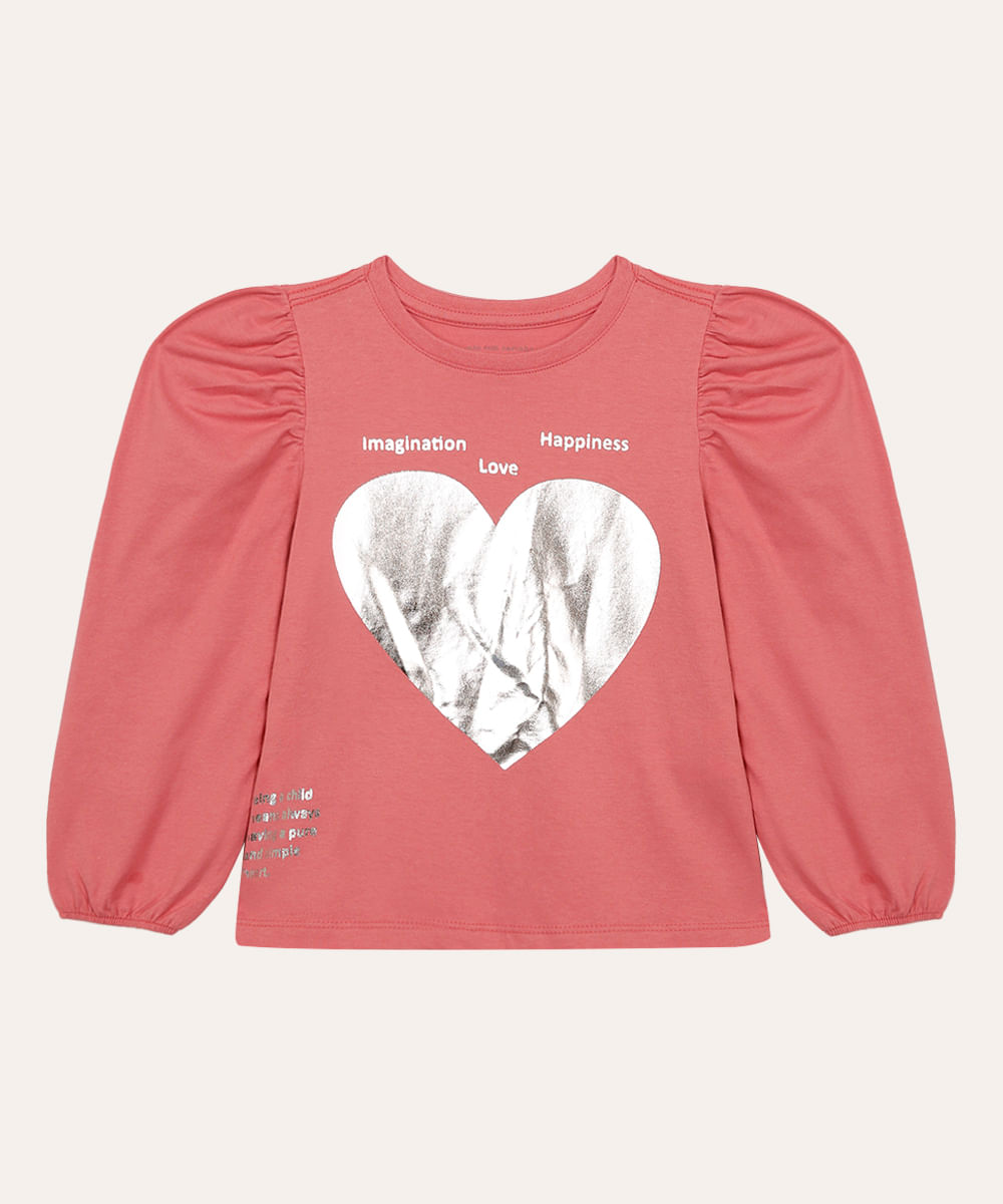 blusa de algodão infantil coração metalizado rosa