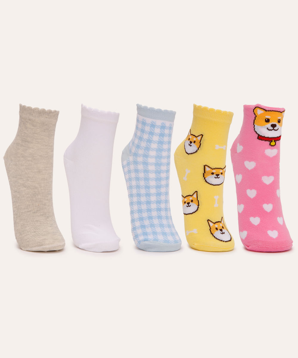 kit de 5 meias cano médio estampadas colorido