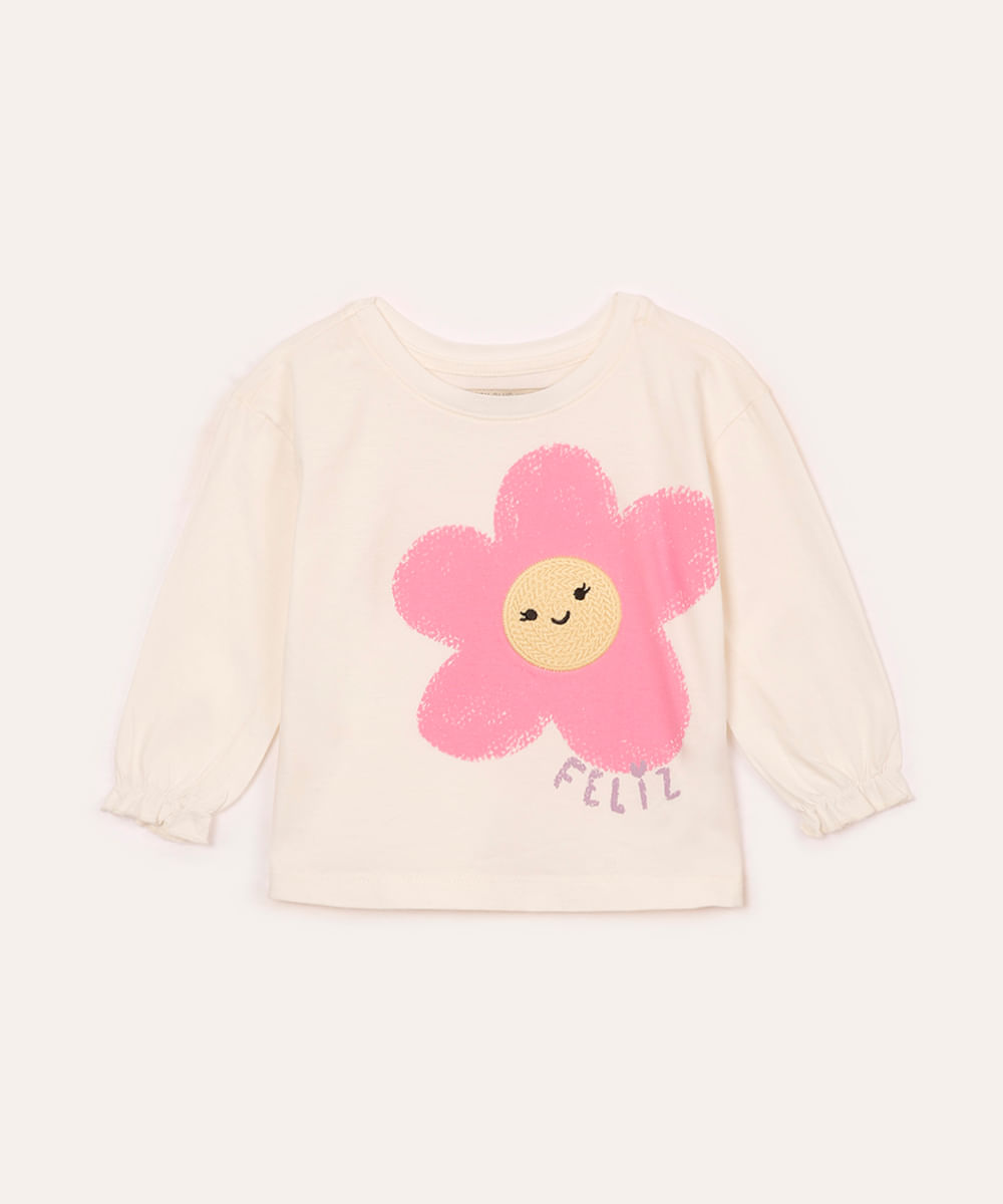 blusa de chenille infantil bordado de flor off white