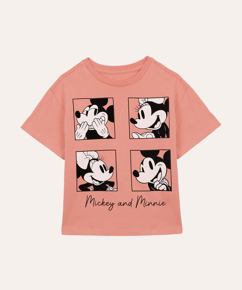 camiseta de algodão infantil mickey e minnie  rosa