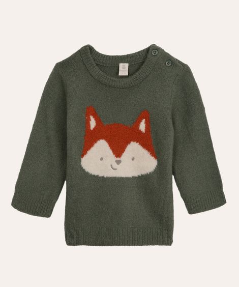suéter de tricot infantil manga longa raposa verde