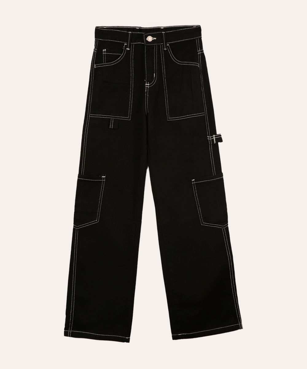 calça wide leg cargo de sarja juvenil - preto