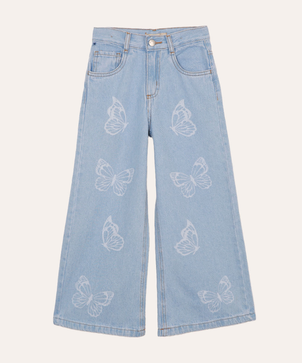 calça jeans wide leg borboletas azul