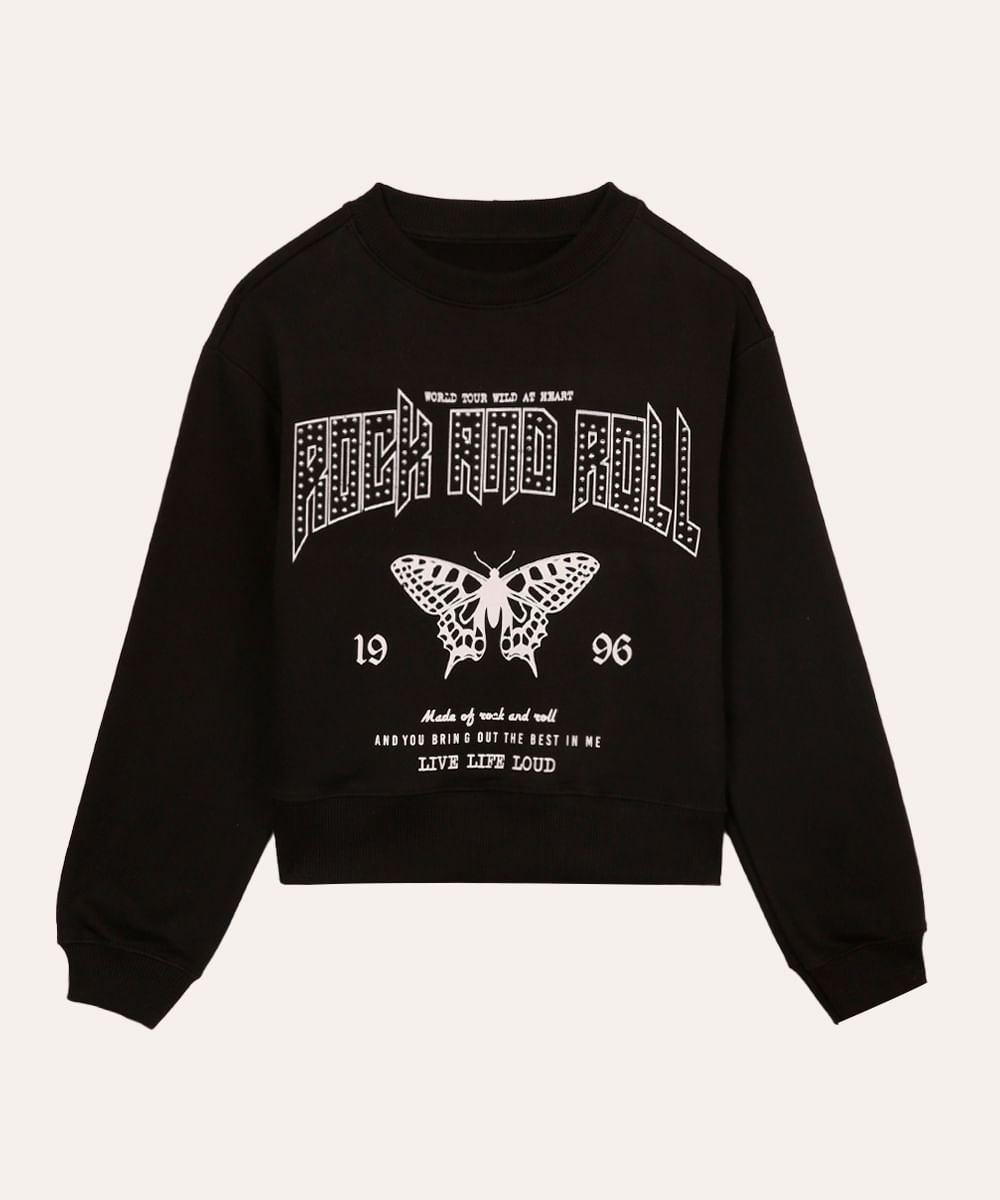 blusão de moletom juvenil rock and roll preto